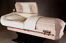 Lawton Oval Casket, Pressed Wood Construction Rose Cedar/Silver Octagon Cloth Covering, Rosetan/White Crepe Interior